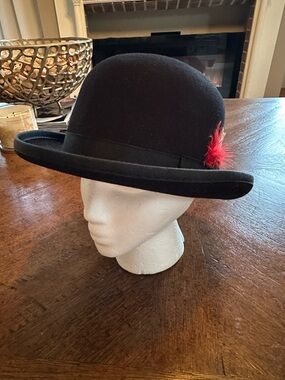 Vintage Bailey Black Wool Bowler Hat with Red Feather